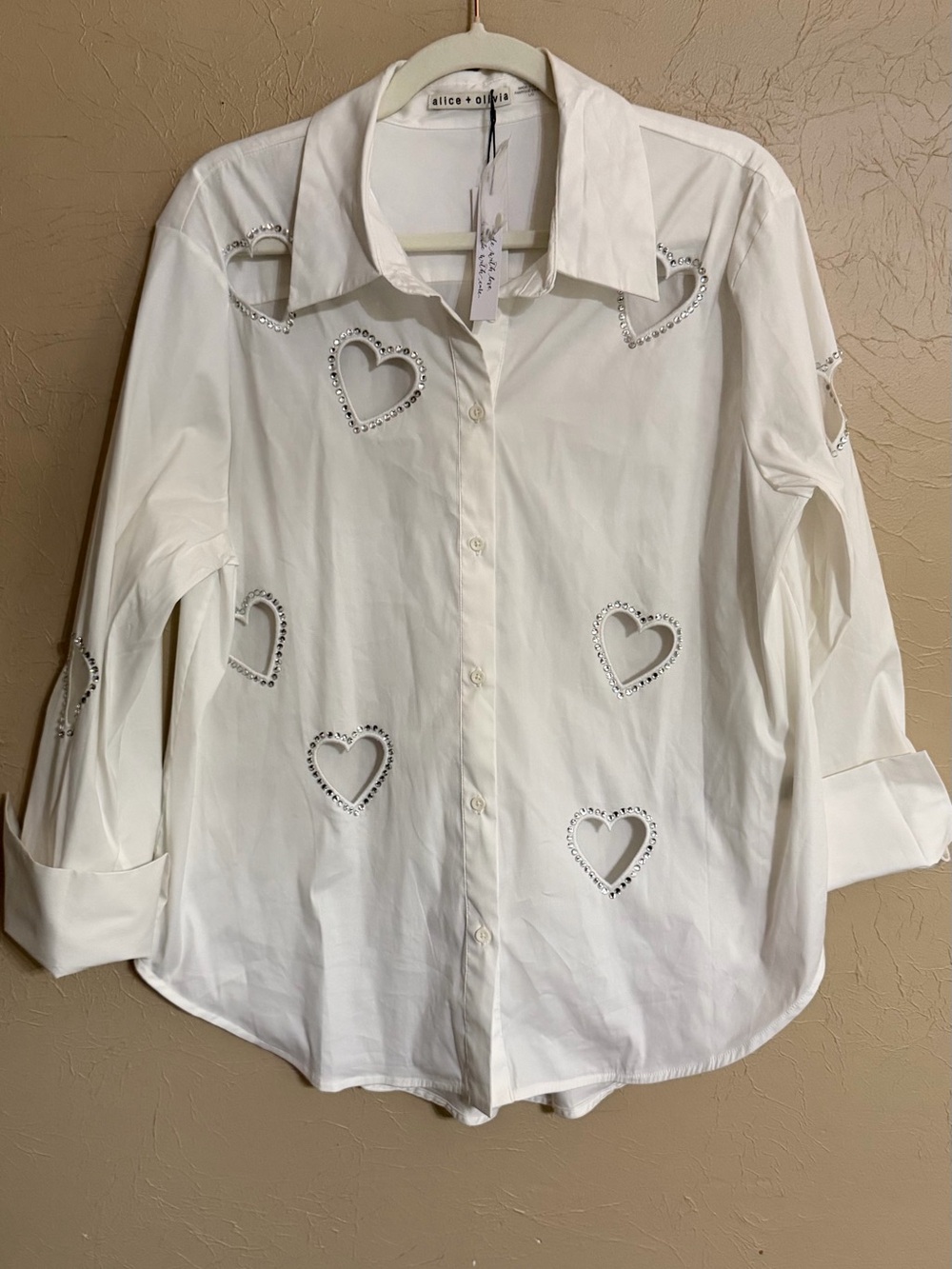 NWT Alice + Olivia White Button-Down Shirt with Heart Cutouts